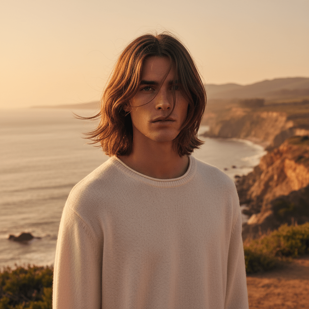 Model with relaxed, wind-swept hair in golden hour light Male model with silky, wind-swept hair outdoors during golden hour, showcasing natural texture.