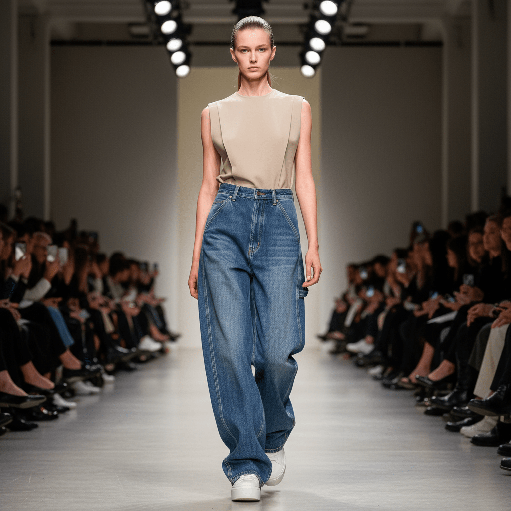 Sustainable baggy jeans on 2026 runway fashion Model on runway in 2026 wearing sustainable baggy jeans with corduroy texture.