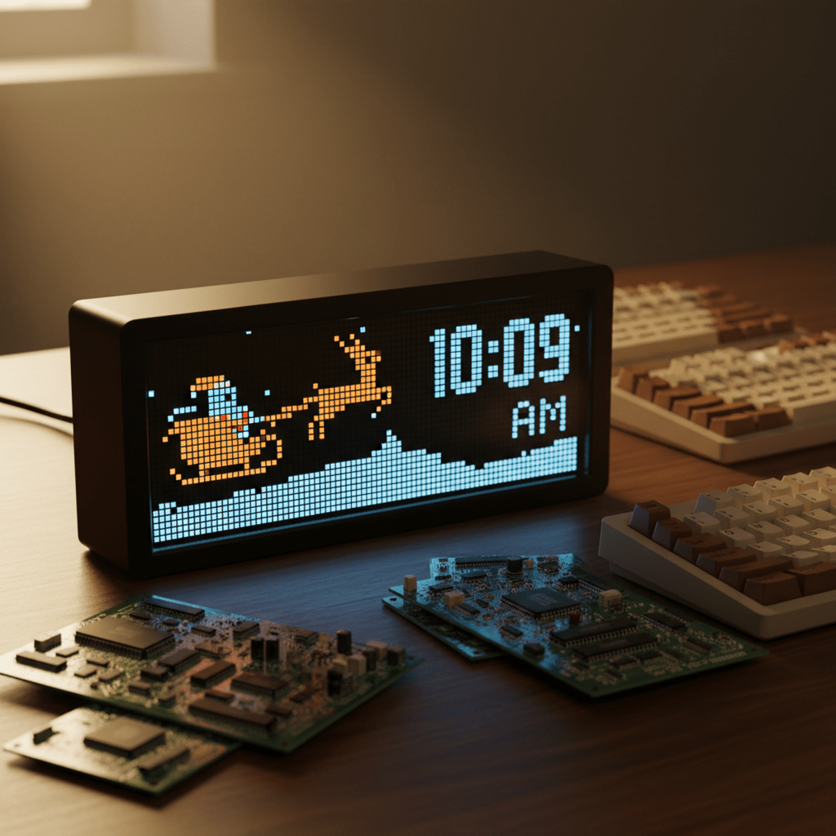 Cool LED matrix clock with pixel art on a wooden desk with circuit boards.