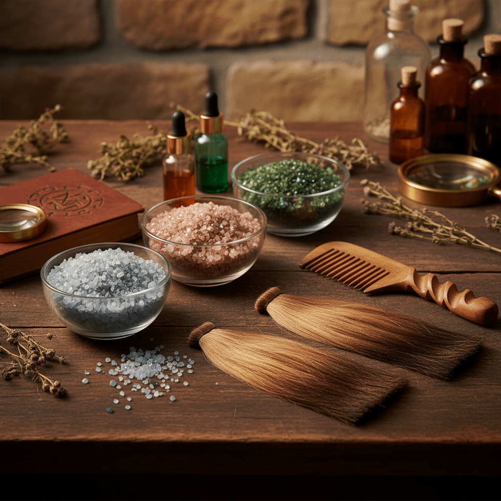 Alchemist grooming scene with mineral salts, wooden comb, and gradient hair locks.