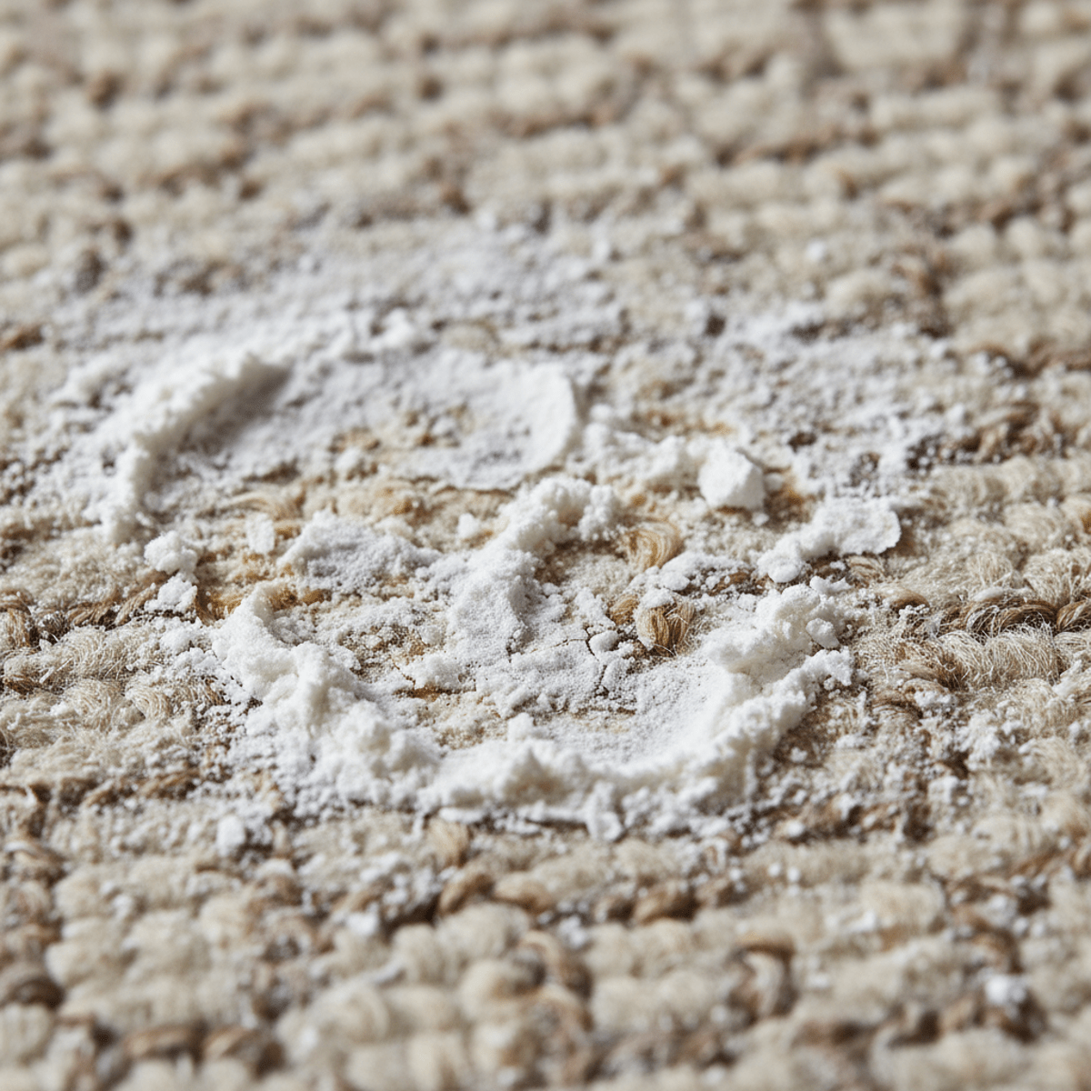 Cornstarch paste absorbs greasy carpet stain, revealing realistic fibers and powder.