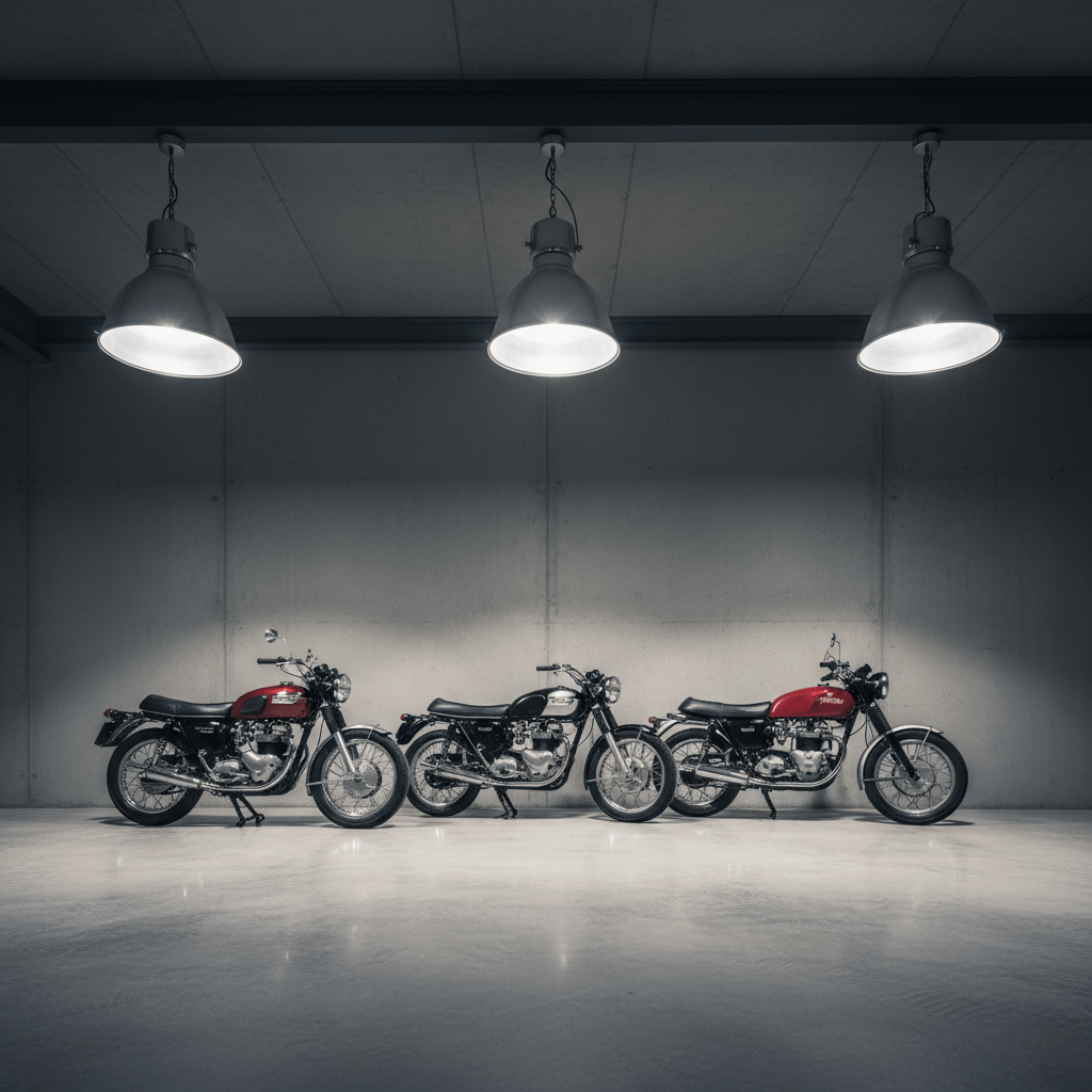 Classic motorcycles displayed in a spacious, industrial-chic garage with high ceilings and pendant lights.