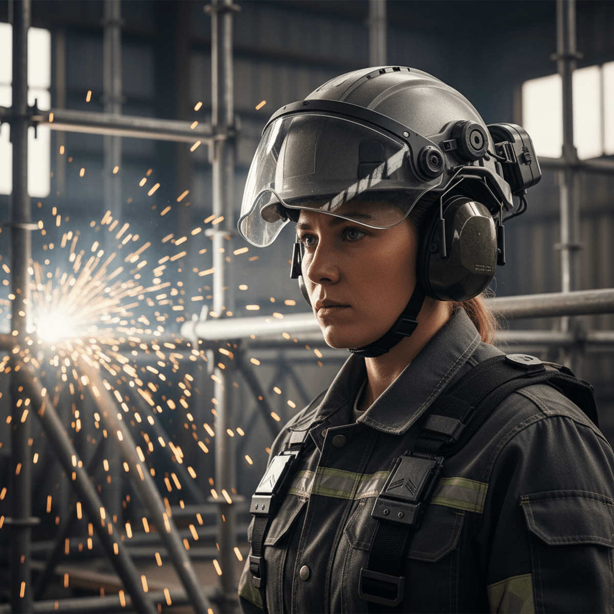 Worker in modern construction site wearing a high-tech hard hat with modular locking ports.