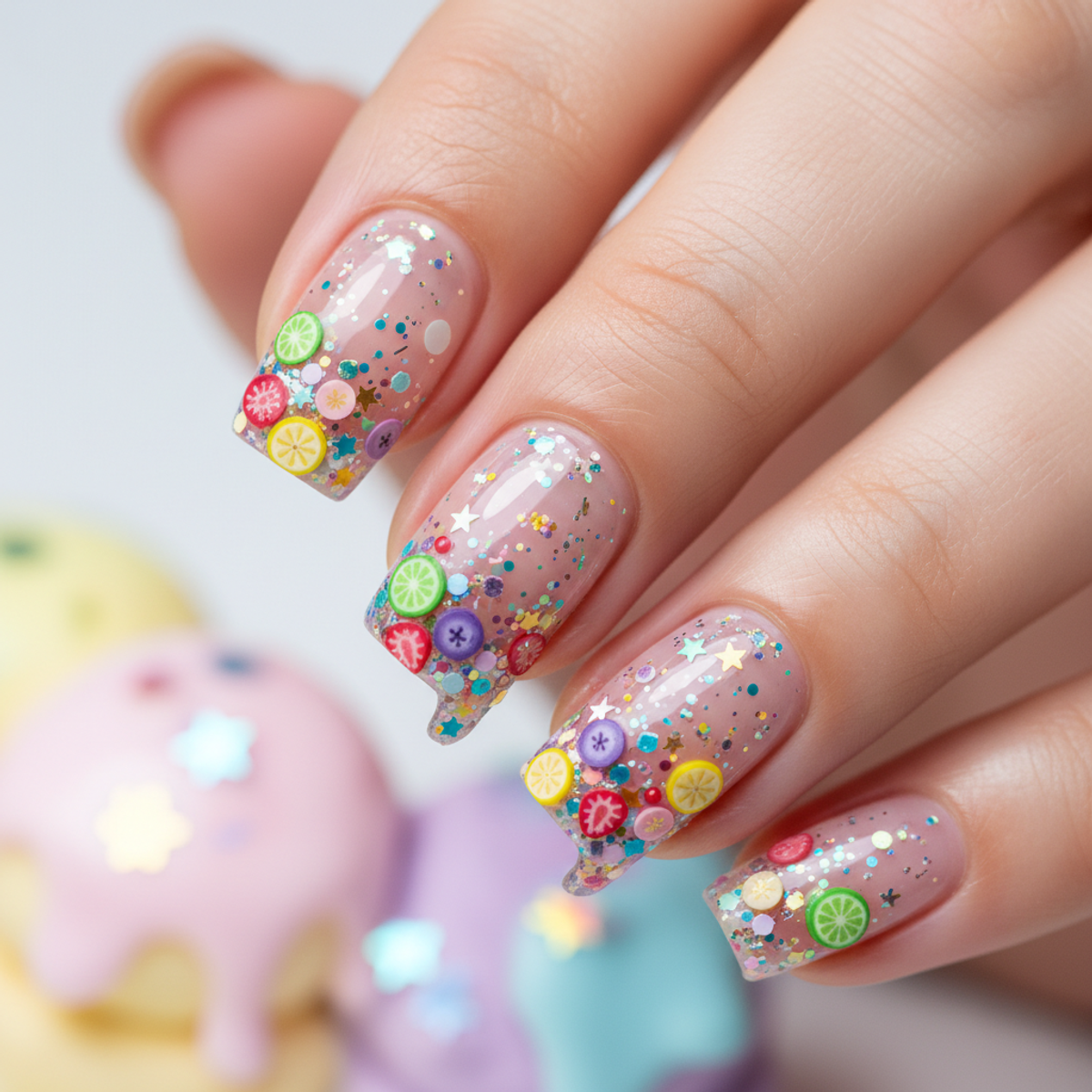 Elegant ice cream manicure with rainbow glitter and fruit slices on glossy nails.