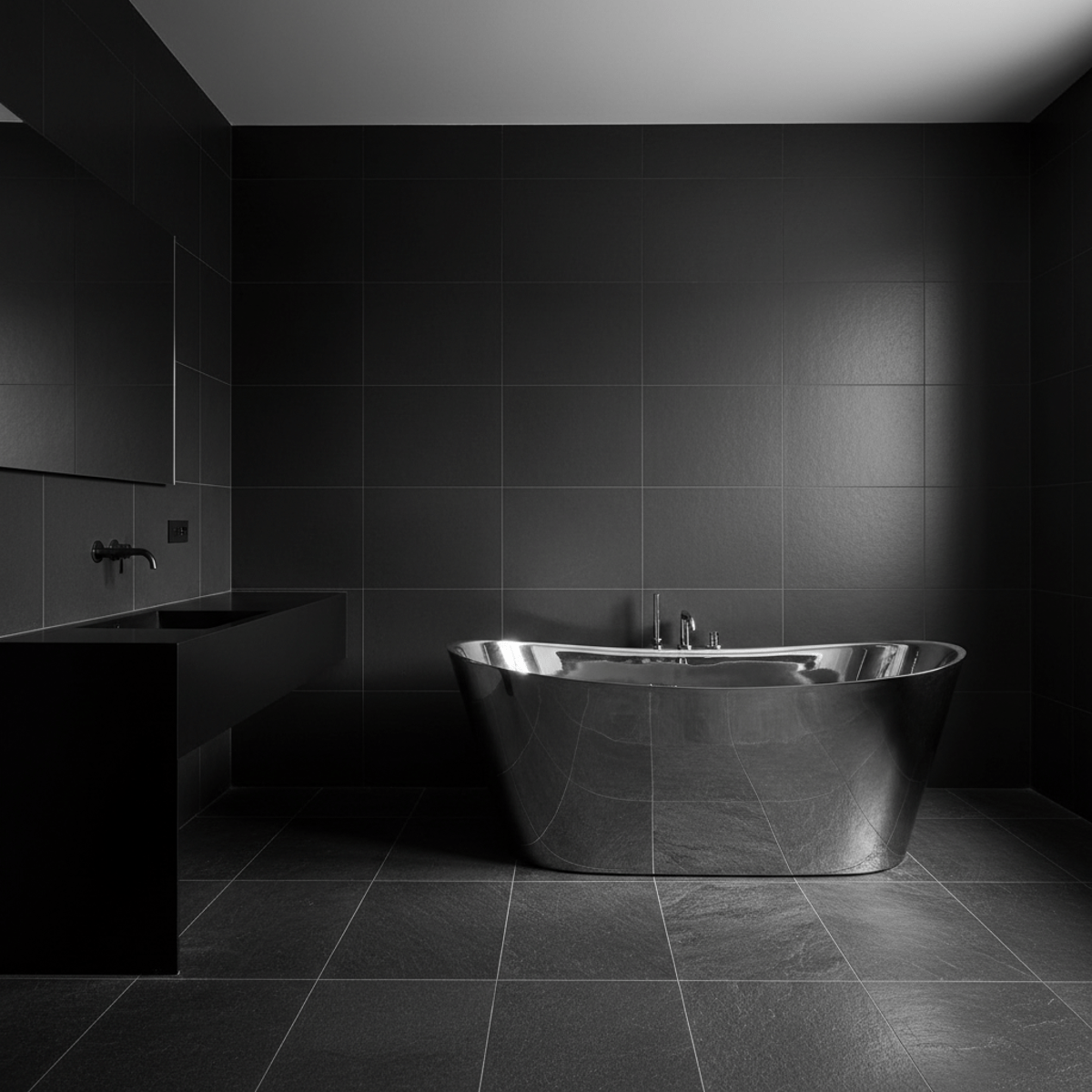 Sculptural stainless steel tub in a gallery bathroom with matte black tiles.