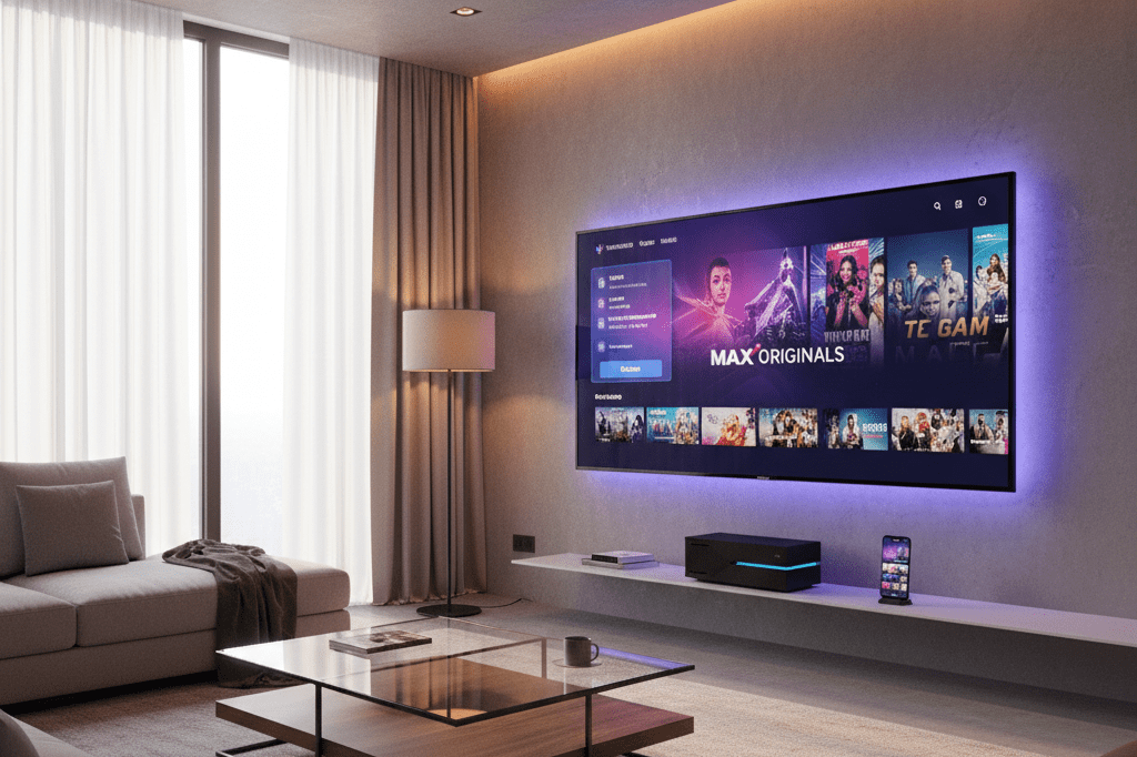 Living room with smart TV, gaming console, and smartphone under natural and ambient light, emphasizing cross-device streaming convenience