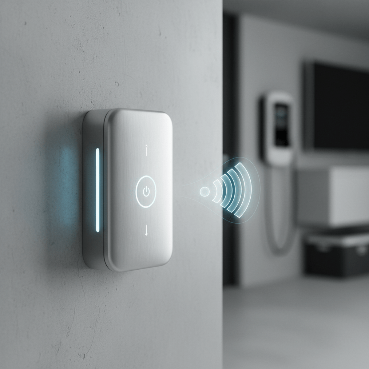 Sleek metallic garage door opener with LED indicators in a futuristic smart home.