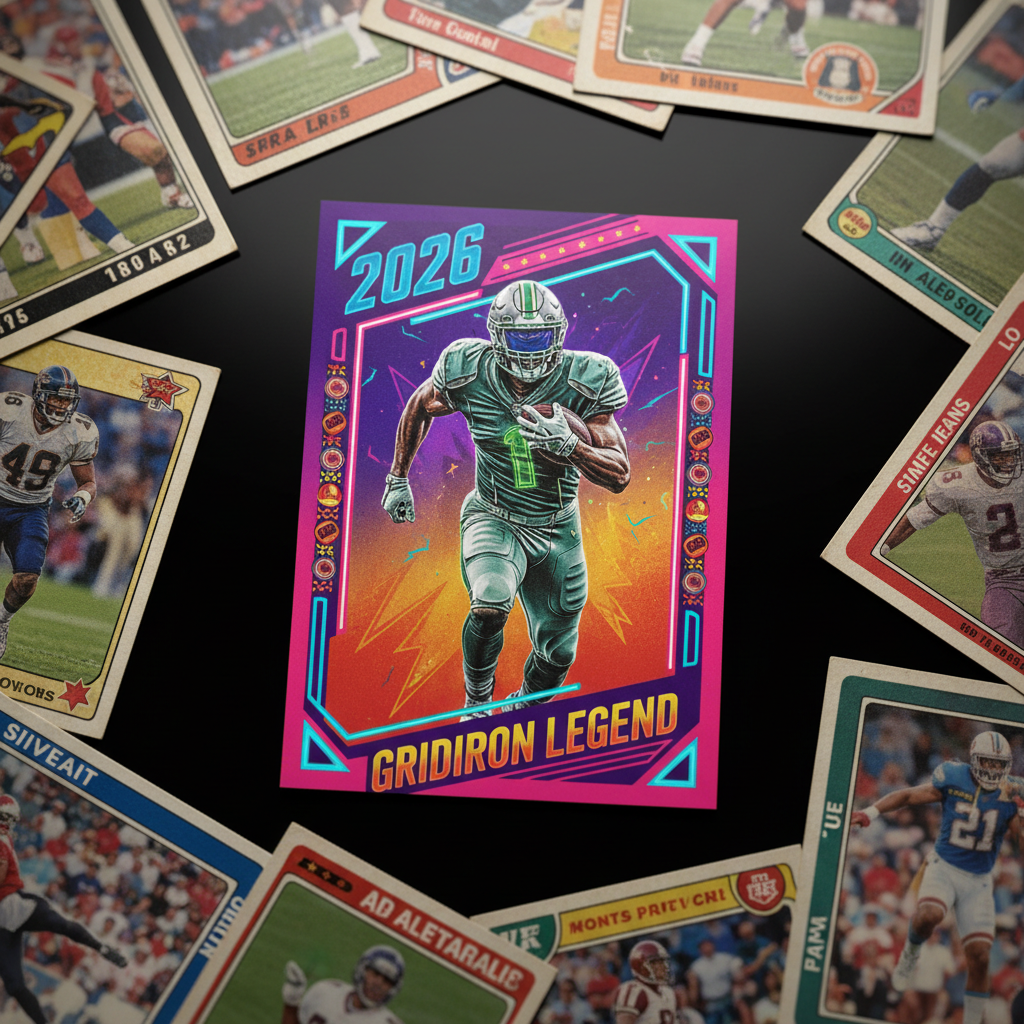 Bold 1990s style football card with player in action, vibrant colors.