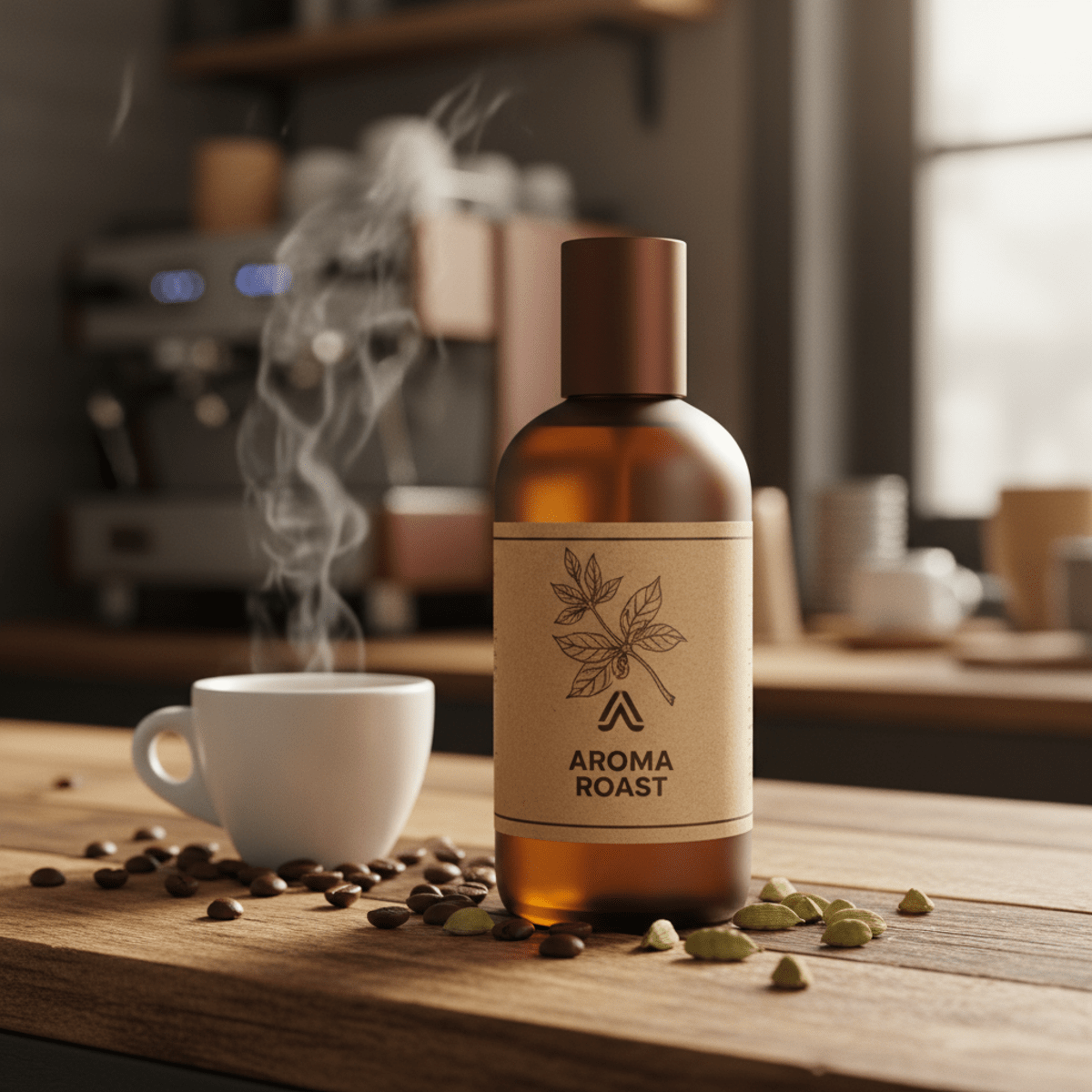 Sleek amber cologne bottle with earthy label on rustic counter with coffee beans.