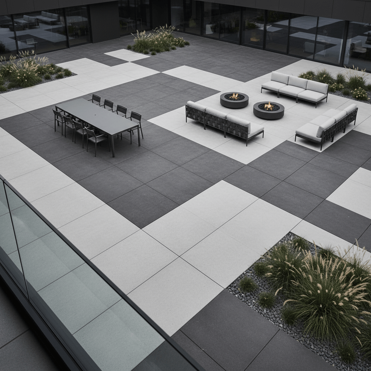 Contemporary patio in 2026 with geometric pavers defining dining and lounging areas.