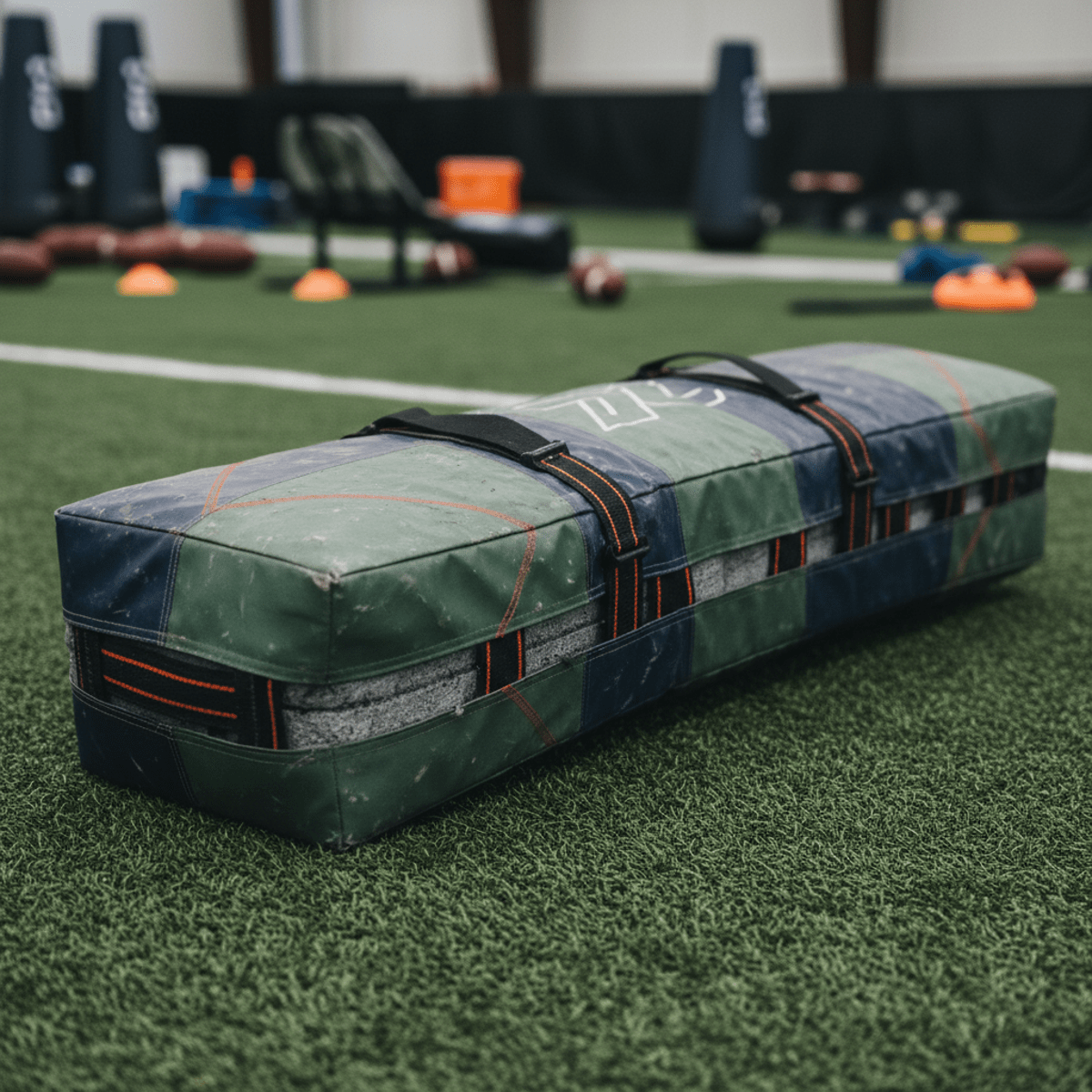 Close-up of an eco-friendly football tackle dummy on synthetic turf with scuffed vinyl.