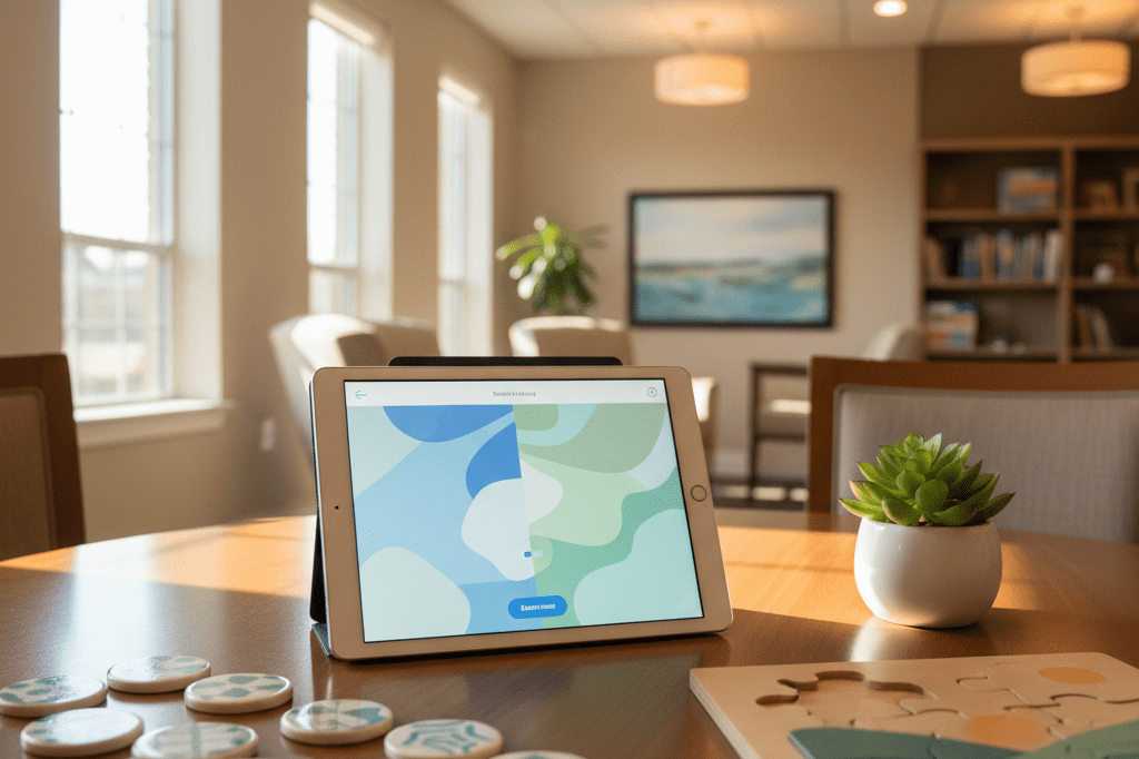 Medium shot of tablet with abstract brain training graphics and tactile memory tools on wooden table in sunlit senior activity room