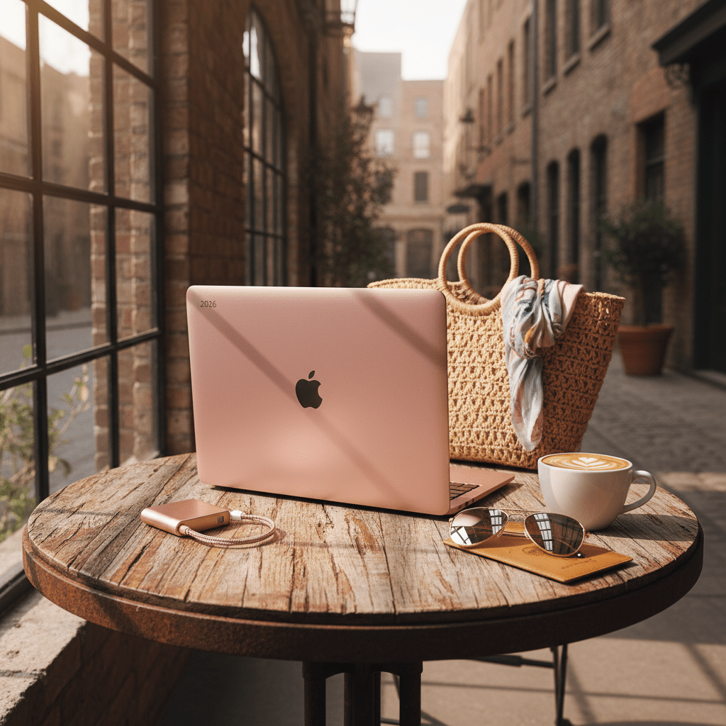 Pink laptop and travel accessories on a rustic cafe table with sunlit glow.
