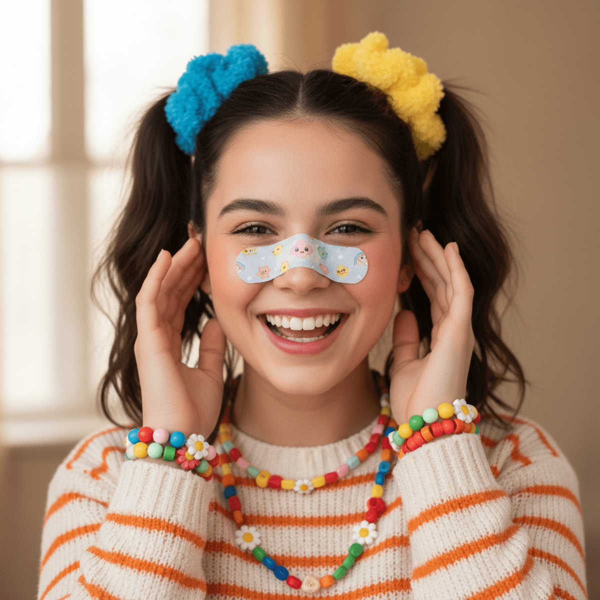 Young person with cartoon bandaid, pigtails, and colorful beaded jewelry smiles.