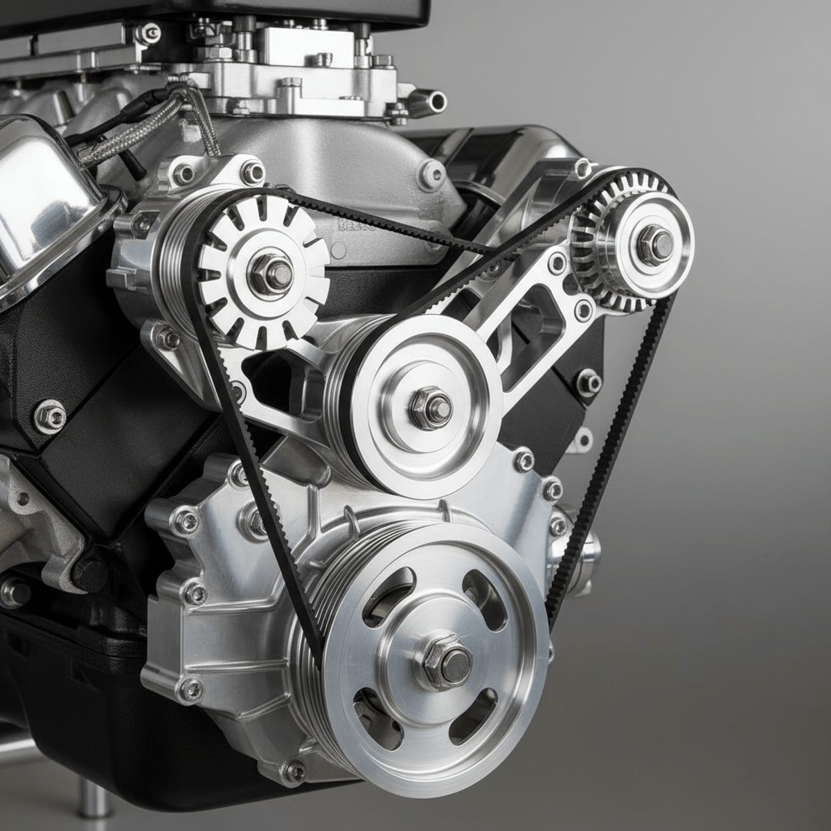 Close-up of a polished billet aluminum serpentine belt system on a high-performance engine.