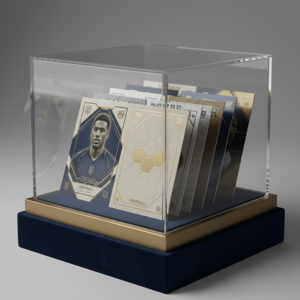 Premium football cards displayed in a collector's case with varied textures and finishes.