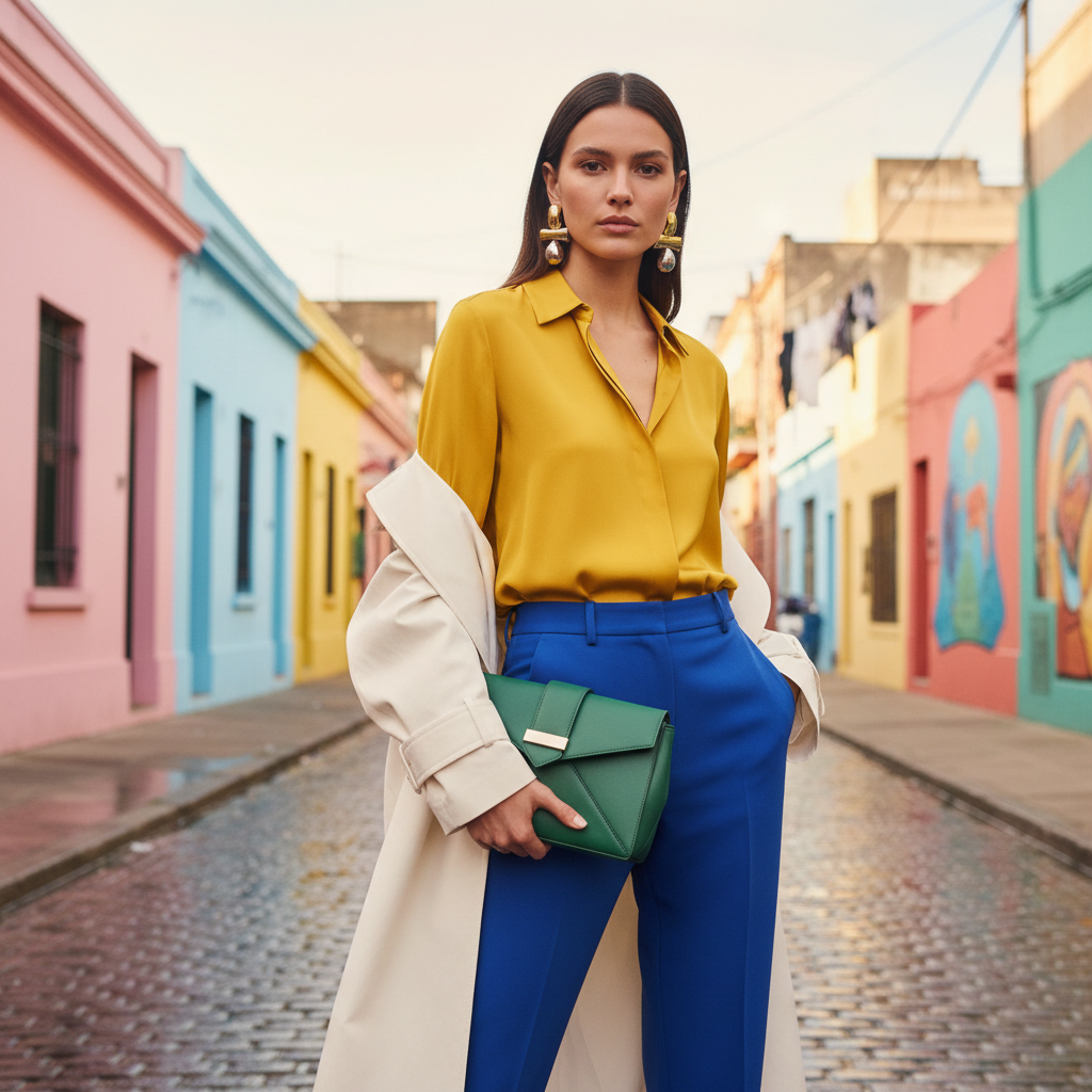 Model in electric yellow silk blouse and cobalt blue trousers on a Buenos Aires street.