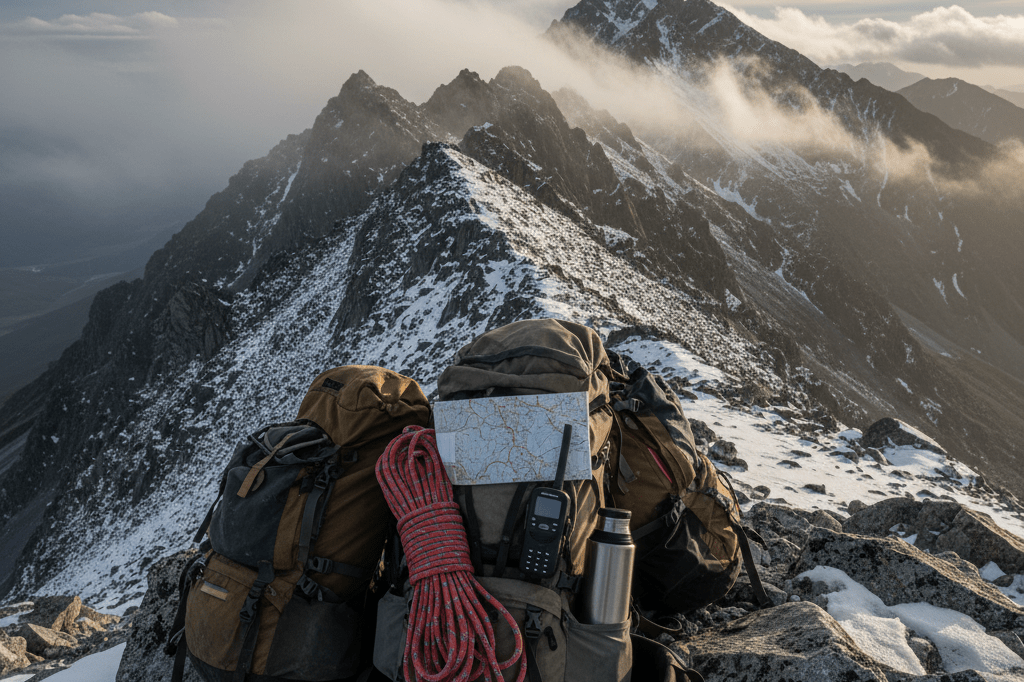 Medium shot of weathered backpack and tactical gear on rocky alpine ridge at golden hour, symbolizing collaboration under pressure