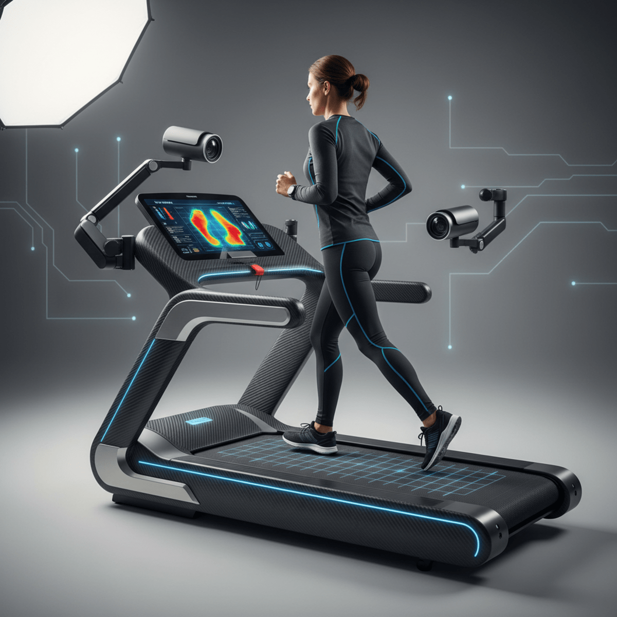 Futuristic treadmill with athlete running, showing heat map and efficiency scores.