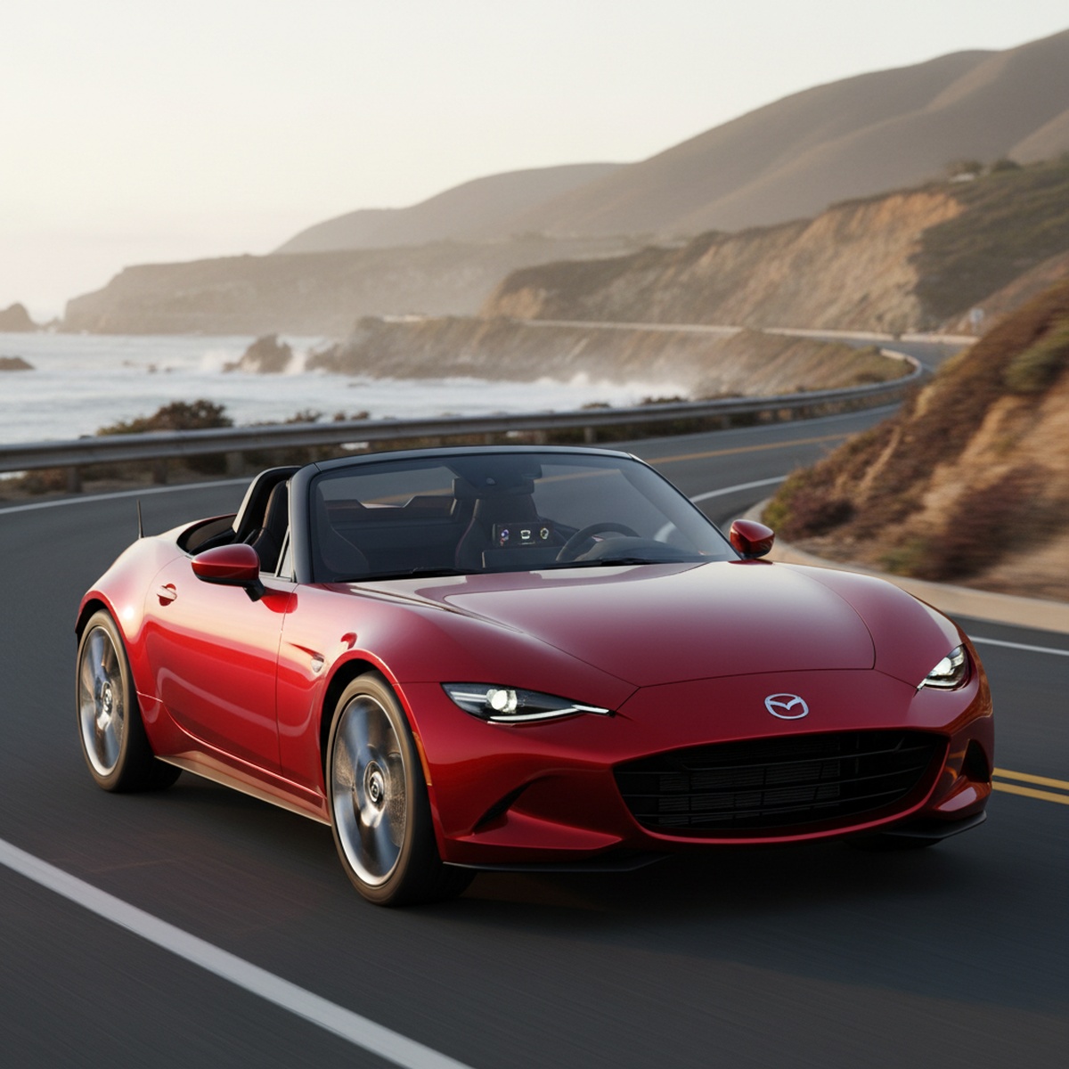 Red convertible sports car on a coastal road during golden hour.