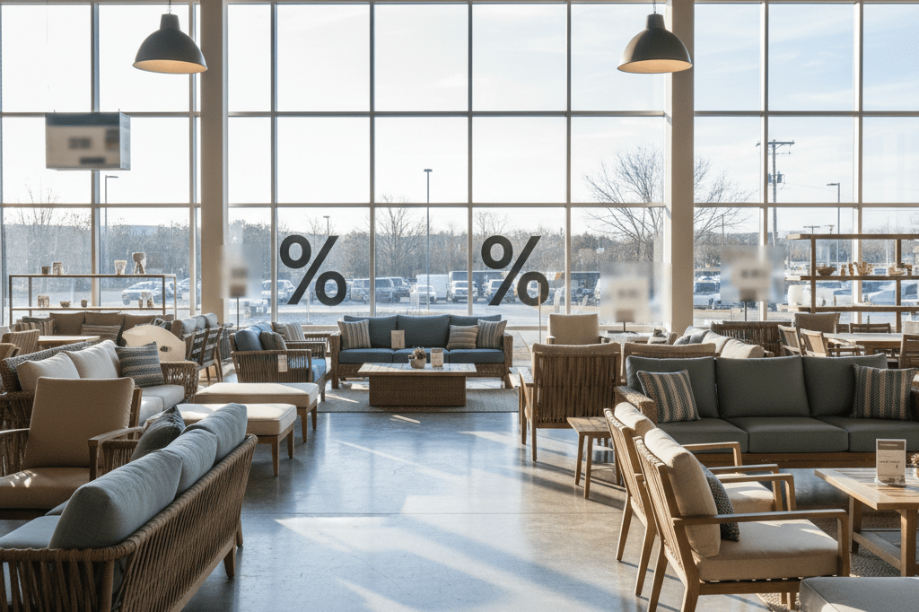 Wide shot of discounted patio furniture set up in a showroom bathed in natural light, evoking seasonal clearance urgency