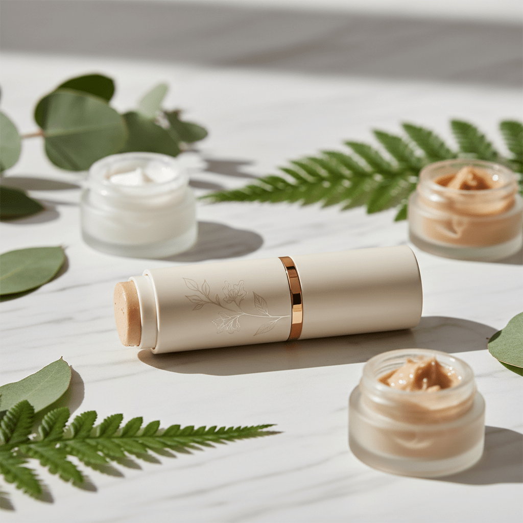 Sleek Korean CC cream stick on marble with green leaves and plant butters.