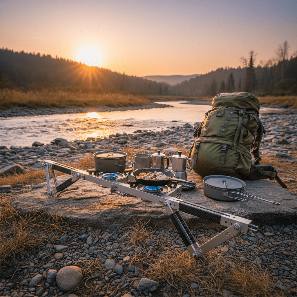 Portable gas range deployed on rocky riverside campsite during golden hour.