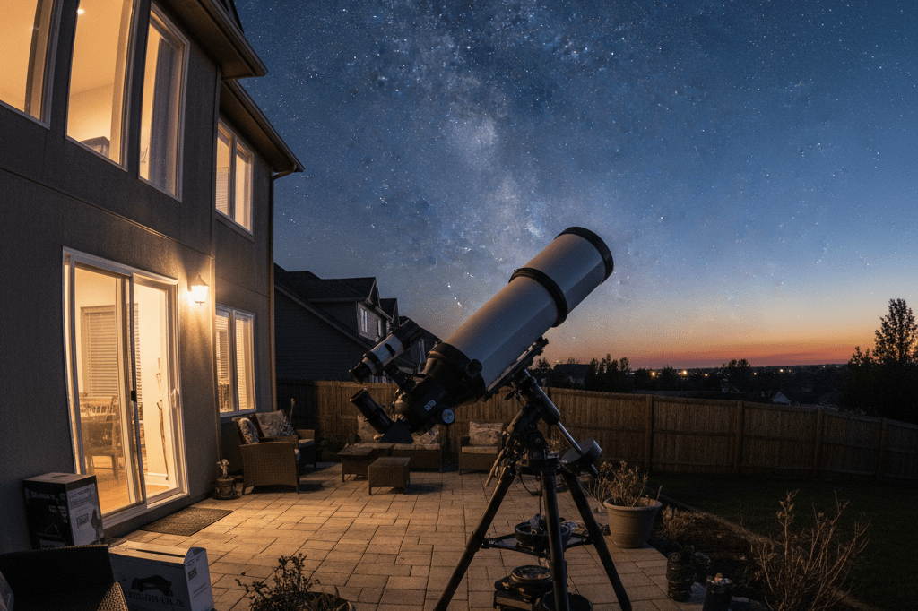 Wide shot of a telescope on a patio at dusk, pointing at a starry sky, lit by ambient home light, reflecting rising interest in astronomy