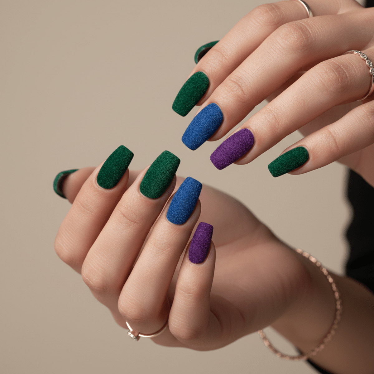 Hands showcase 2026 acrylic nail styles with velvet and cashmere finishes in jewel tones.