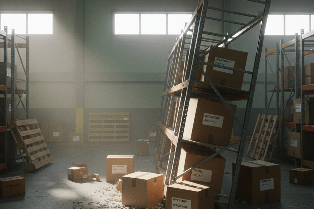 Warehouse aisle with displaced boxes and dust under natural light symbolizing earthquake resilience challenges