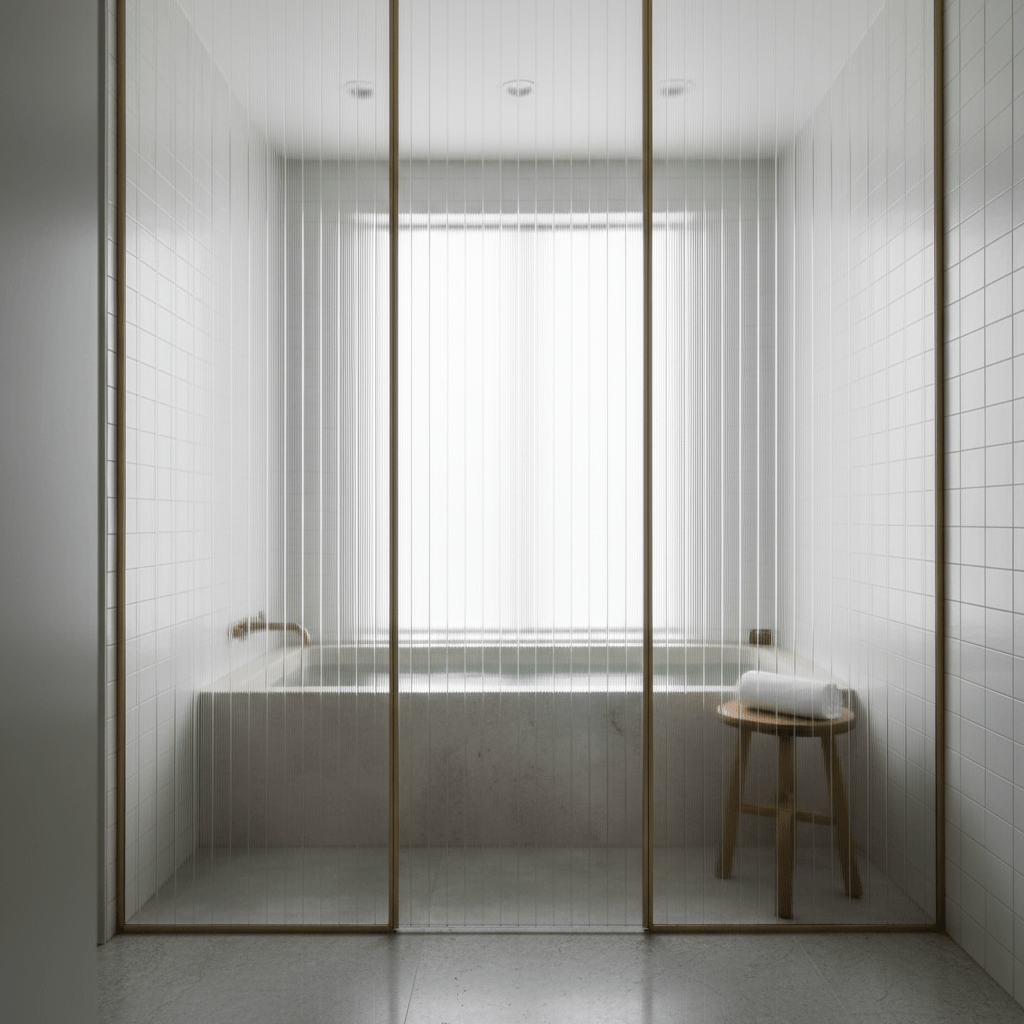 Soaking tub behind fluted glass, diffused light creates patterns on white tile.