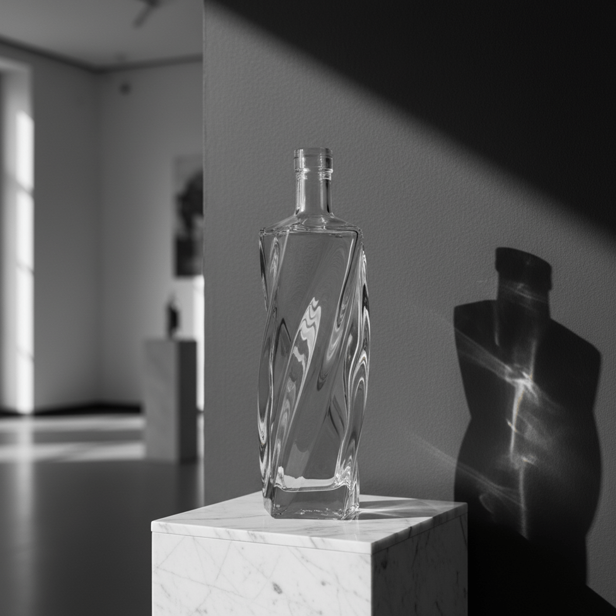 Avant-garde vodka bottle in minimalist gallery with geometric glass facets.