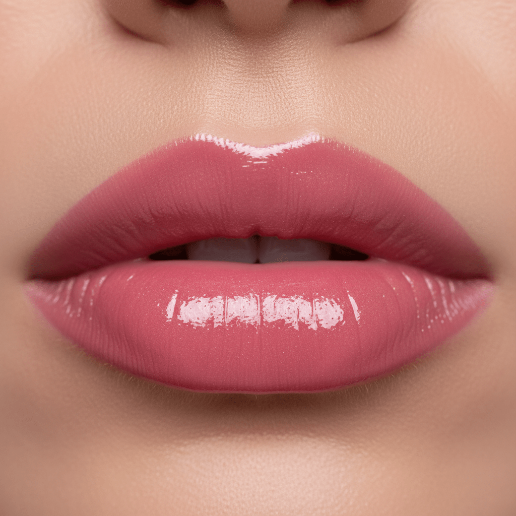 Close-up of lips with creamy strawberry milk lip gloss and a smooth vinyl sheen.