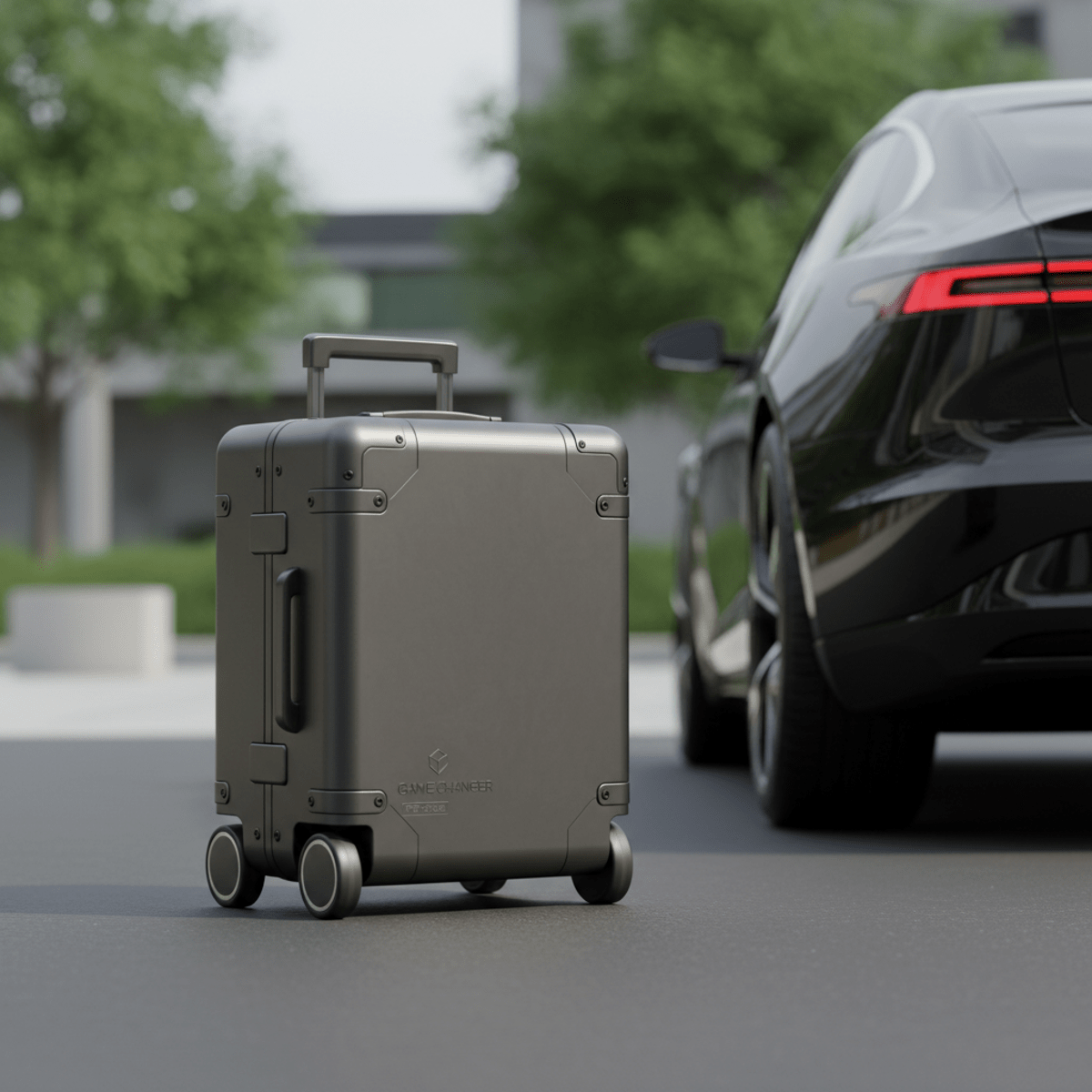 Sleek, ultra-portable pickleball machine in folded luggage form on asphalt.