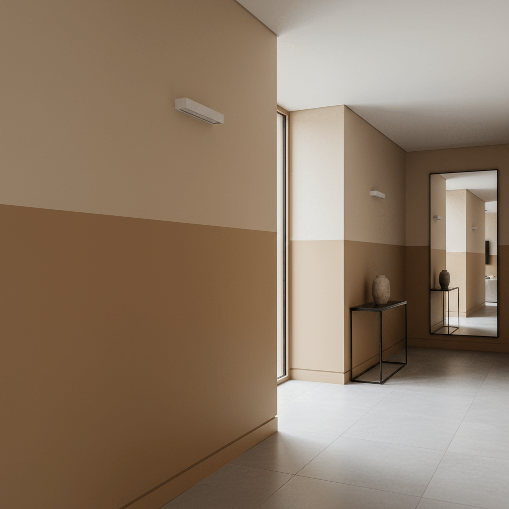 Modern hallway with two-tone tan painted walls and minimalist architectural lines.