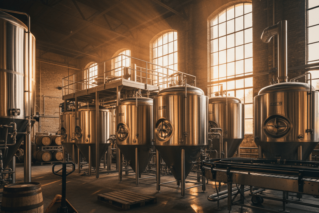 Industrial craft brewery gear bathed in warm natural light reflecting authenticity amid market pressures