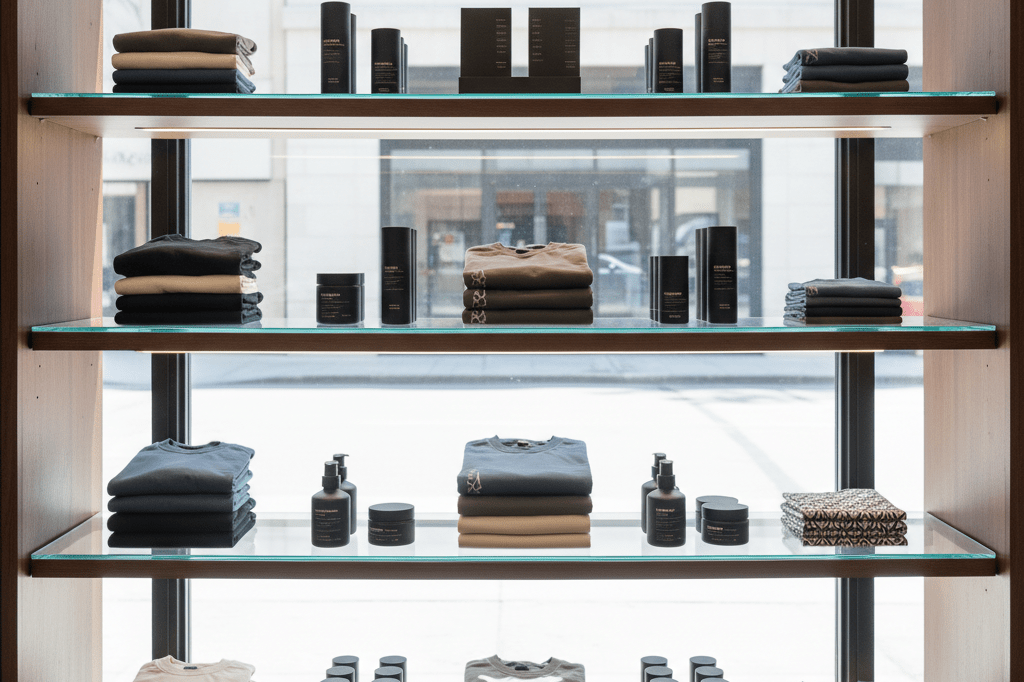 Neatly arranged athletic wear and grooming products in a stylish retail setup, lit by natural and ambient light, symbolizing smart marketing during peak consumer attention periods