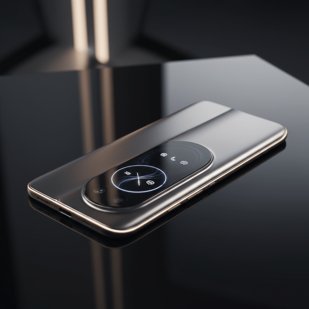 Sleek phone with curved camera island and secondary display on brushed aluminum.