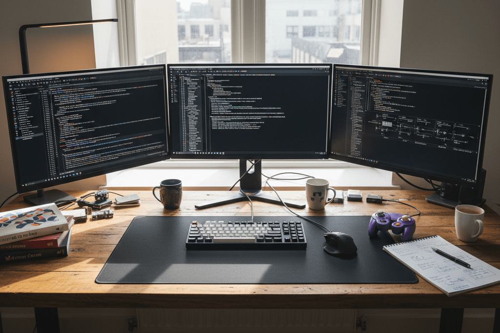 Wide shot of a dual-monitor coding setup with GameCube controller under natural light, symbolizing collaborative reverse engineering work