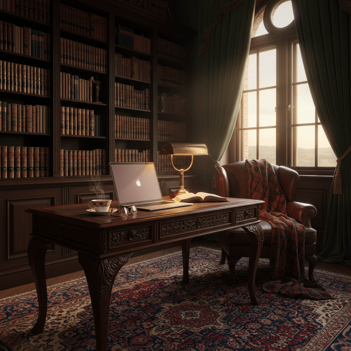 Sleek mauve-pink laptop on an antique desk in a luxurious dark academia study.