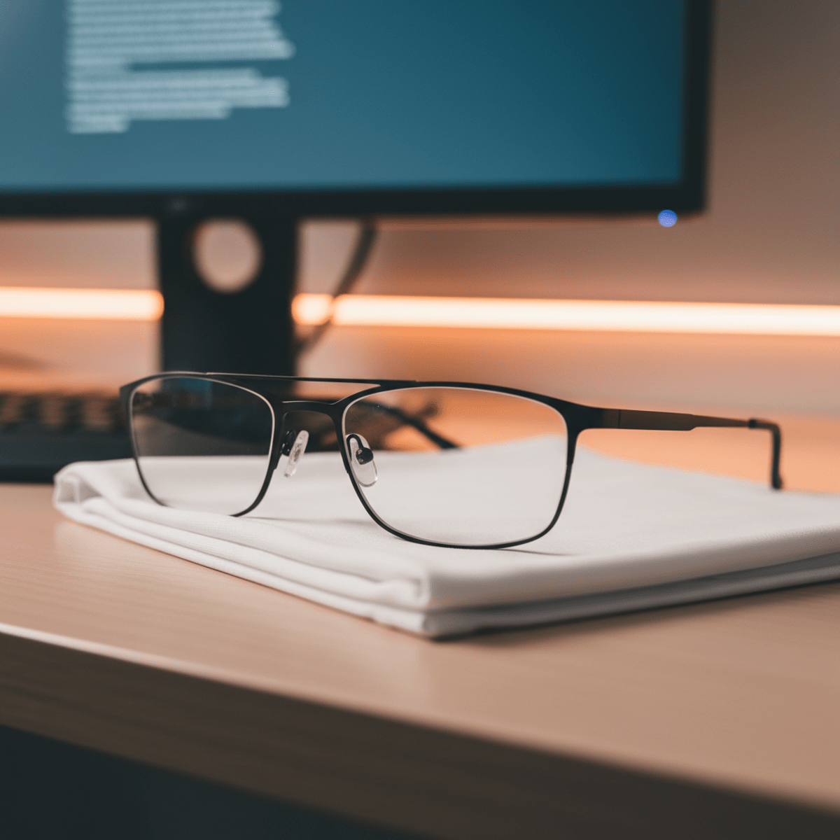 Minimalist titanium bifocal glasses with matte black frames on a microfiber cloth.