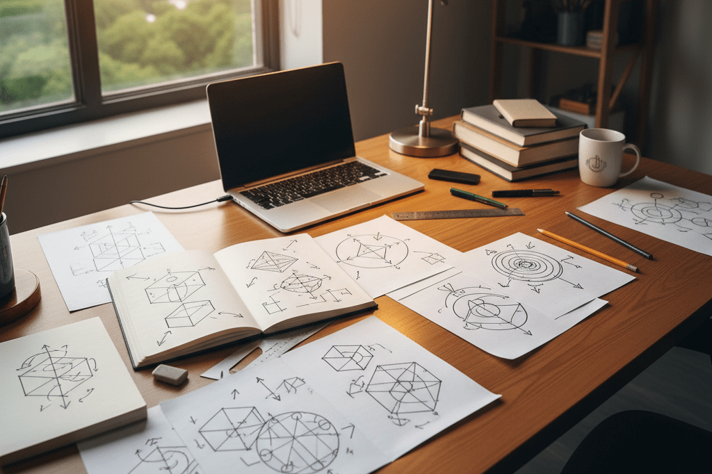 Wide shot of a desk displaying abstract physics sketches under natural light, symbolizing creative game development