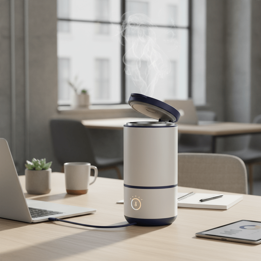 Sleek portable soup warmer with magnetic lid open, steaming gently near a laptop.