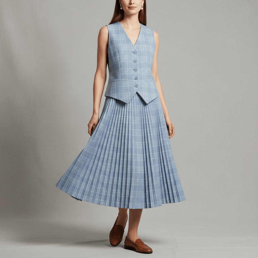 Poised model in powder blue plaid vest and midi-skirt, studio lighting.