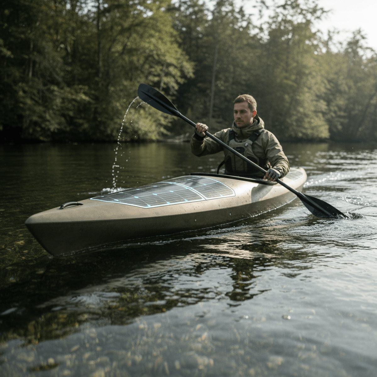 Futuristic solar-powered kayak glides on clear water near a lush forest.