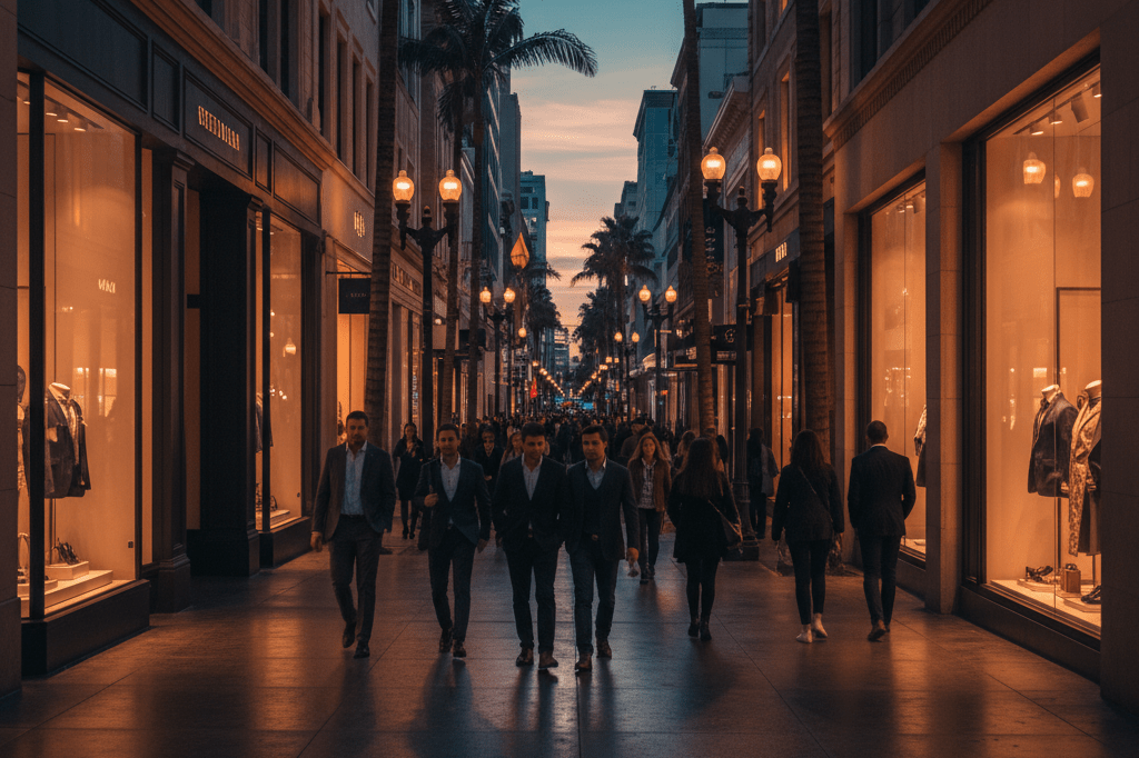 Wide-angle view of upscale retail shops along a vibrant downtown LA street under ambient evening lighting, highlighting seasonal economic activity