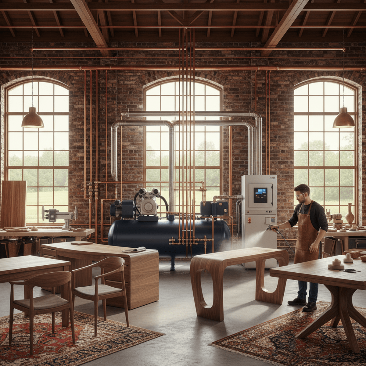 Artisan woodworking shop with air compressor, custom furniture, and spray finishing.