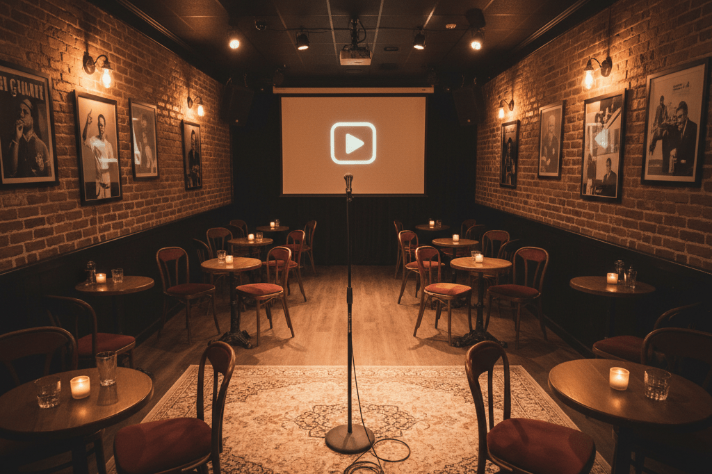 An inviting yet vacant comedy club setup with mic stand and ambient lighting, symbolizing modern shifts in entertainment engagement