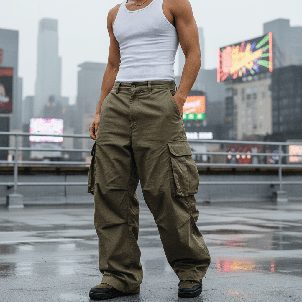 Men's baggy cargo pants and ribbed tank top on urban rooftop, Y2K style.