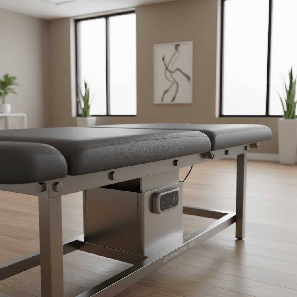 Wide bariatric therapy table in a modern clinical setting. Sleek bariatric physical therapy table in a modern, spacious clinical room.